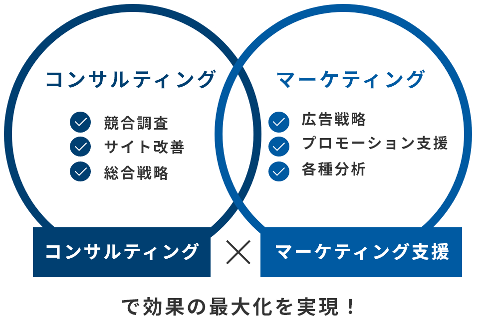 コンサルティング(競合調査、サイト改善、総合戦略)、マーケティング(広告戦略、プロモ-ション支援、各種分析)で効果の最大化を実現!